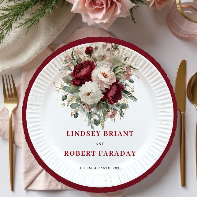Pratos de casamento com flores vermelhas profundas (Trendy Deep Red Floral Greenery Wedding Plates)
