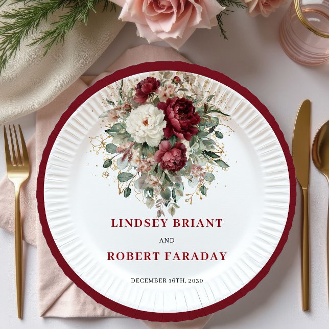 Pratos de casamento dourados com flores da Borgonh (Chic Bohemian Burgundy Flowers Gold Wedding Plates)