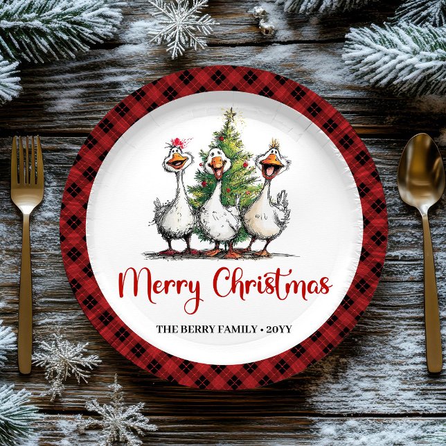 Pratos de festa alegres e divertidos de Natal com  (Christmas Silly Geese Quirky Playful Party Plates)