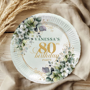 Pratos de festa de 80 anos Botanical Greenery Gold