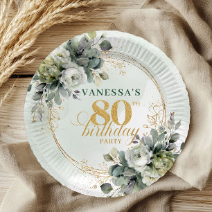 Pratos de festa de 80 anos Watercolor Green White