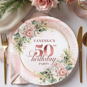 Pratos de festa de aniversário de 50 anos em rosa