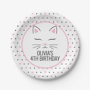 Pratos de festa de aniversário de gatinho com cora