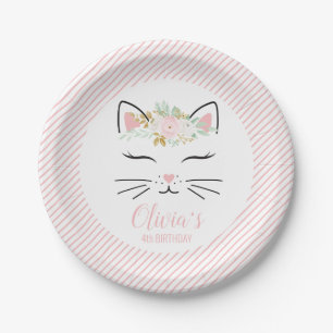 Pratos de festa de aniversário de gatinho floral r