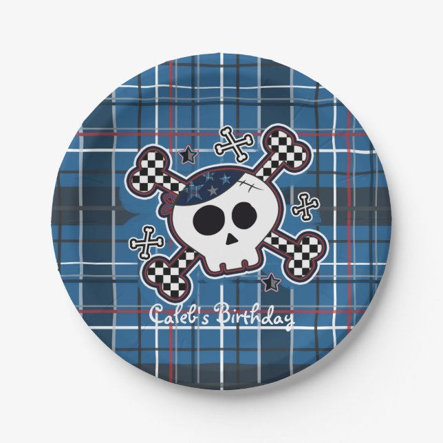 Pratos de festa de aniversário Skull & Bones xadre (Frente)