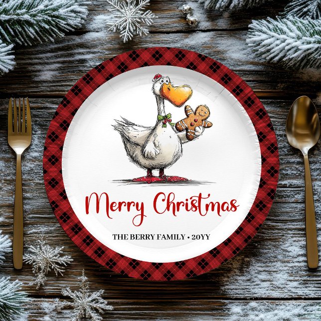Pratos de festa de desenho animado de Natal Ganso  (Christmas Funny Silly Goose Cartoon Party Plates Set)
