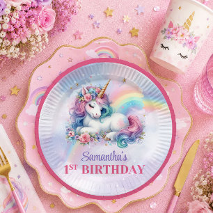 Pratos de festa de menina mágica unicórnio colorid