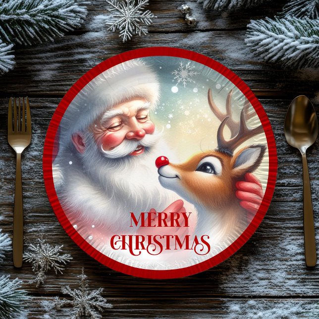 Pratos de festa infantis de desenho animado engraç (Funny Santa Rudolph Cartoon Kids Party Plates)