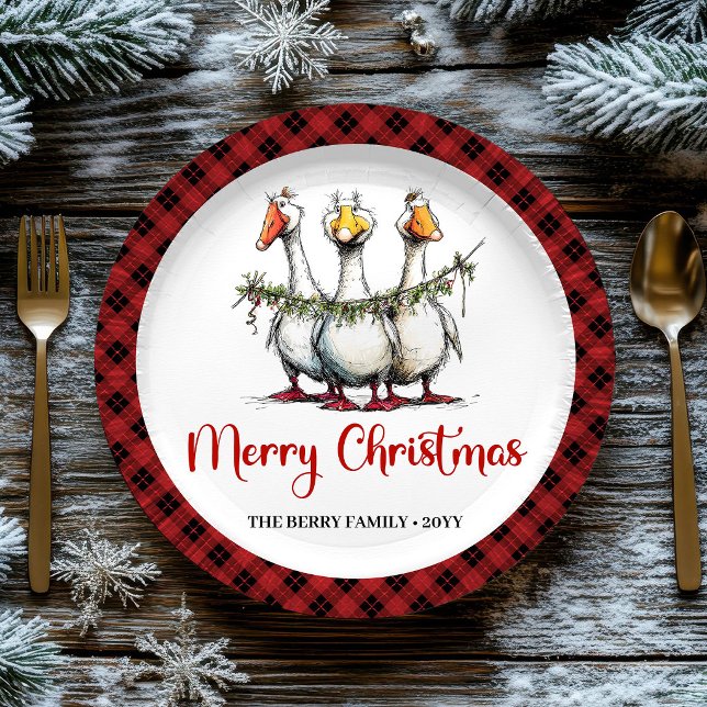 Pratos de festa mínimos Gansos bobos engraçados de (Christmas Funny Silly Geese Minimal Party Plates)
