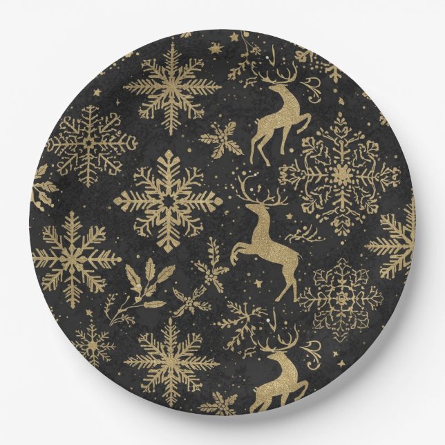 Pratos de Natal adultos preto e dourado (Frente)