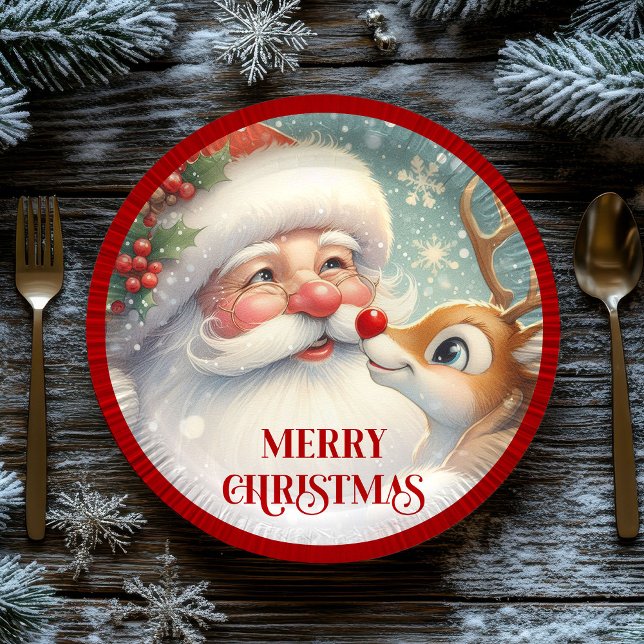 Pratos de Natal de desenho animado do Papai Noel e (Cute Santa and Rudolph Cartoon Christmas Paper Plates)