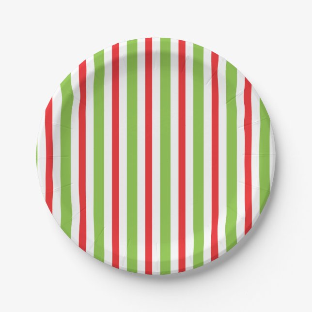 Pratos de Natal de papel listrado verde e vermelho (Frente)