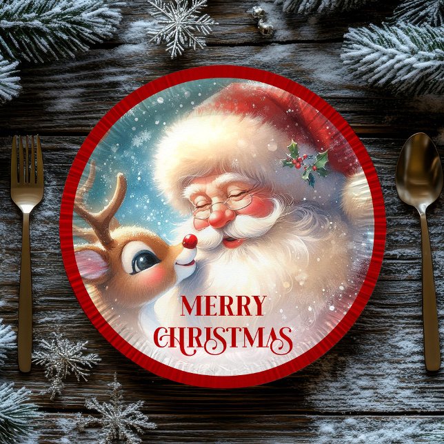 Pratos de Natal engraçados do Rudolph com nariz ve (Cute Santa and Rudolph Cartoon Christmas Paper Plates)