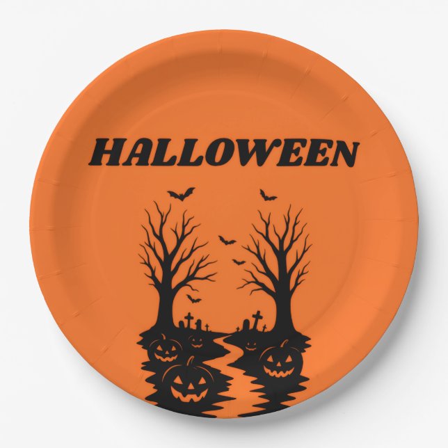 Pratos de Papel Abóbora Assustadora de Halloween (Frente)