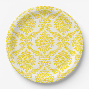 Pratos de Papel Amarelo e Branco Damask