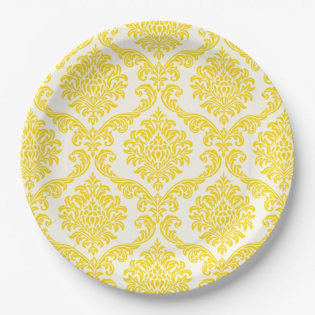 Pratos de Papel Amarelo e Branco Damask (Frente)