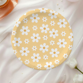 Pratos de papel amarelos Groovy Retro Daisy
