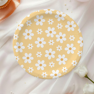 Pratos de papel amarelos Groovy Retro Daisy
