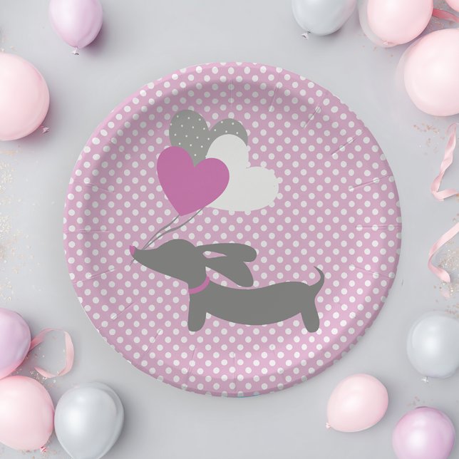 Pratos de Papel Aniversário Bebê Menina Dachshund  (Pink dachshund baby shower paper plates - pink wiener dog party)