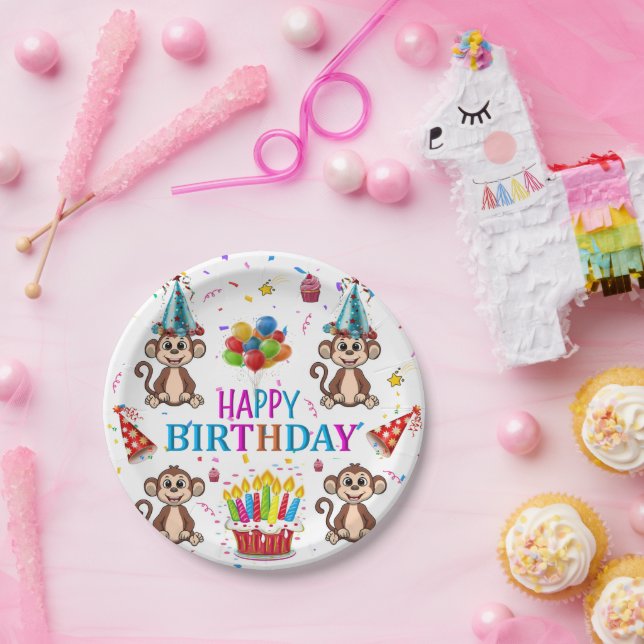 Pratos de Papel Aniversário Feliz Macaco Cupcake (Festa)