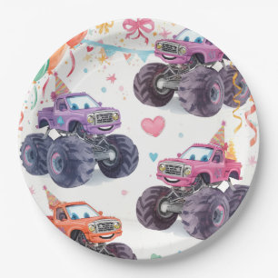 Pratos de Papel Aniversário Meninas Caminhão Monst