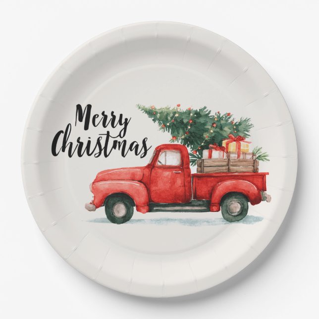 Pratos de Papel Árvore de Natal Festiva & Carro (Frente)