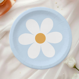 Pratos de papel azul claro retro margarida boho