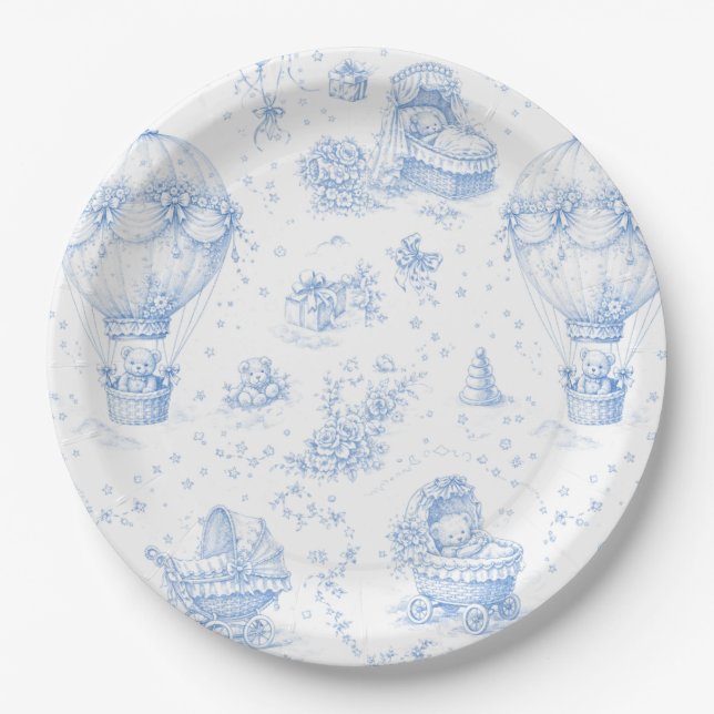 Pratos de Papel Azul Toile de Jouy para Chá de Beb (Frente)