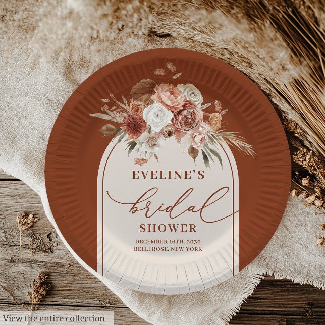 Pratos de Papel Boho Casamento Grama das Pampas Co (Chic Copper Pampas Grass Boho Bridal Paper Plates)