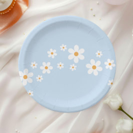 Pratos de papel Boho Daisy azul para Chá de Bebê