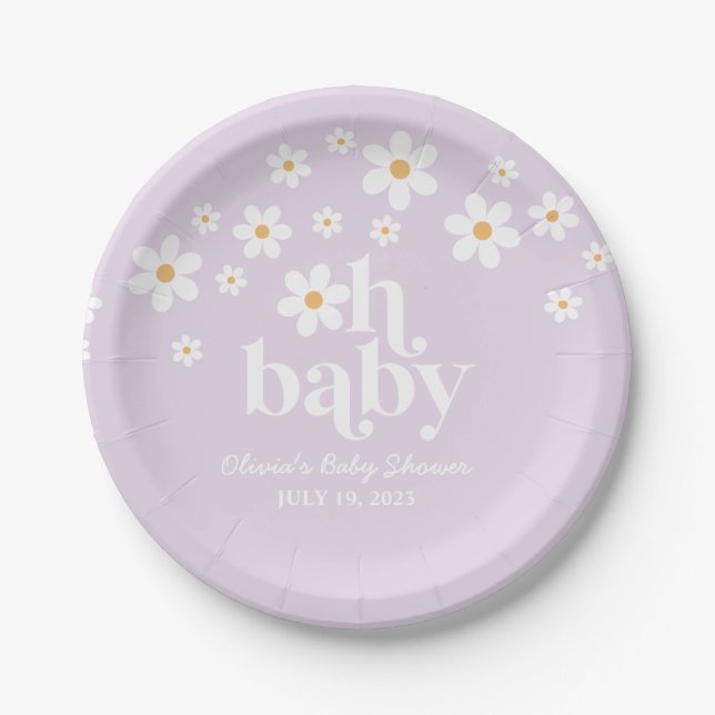 Pratos de papel Boho Daisy lilás para Baby Shower (Frente)