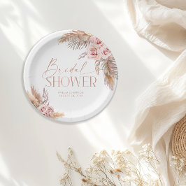 Pratos de Papel Boho Floral Pampas Dourado Rosa