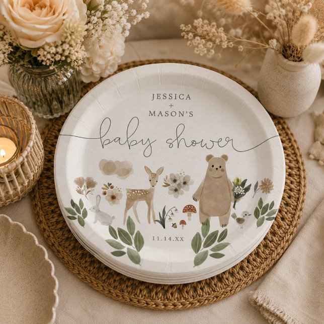 Pratos de Papel Boho Floresta para Chás de Bebê (Criador carregado)