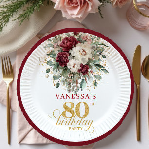 Pratos de Papel Boho Marsala Floral 80º Aniversári