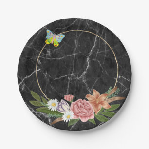 Pratos de Papel, Borboleta de Mármore Preto Flores