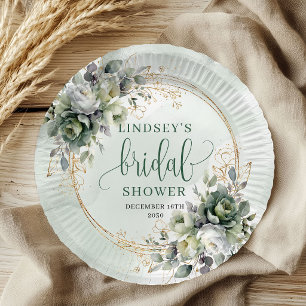 Pratos de Papel Botanical Bridal Shower Green Gold