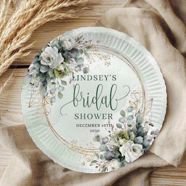 Pratos de Papel Botanical Green Gold Chá de Noiva (Botanical Green Gold Bridal Shower Paper Plates)
