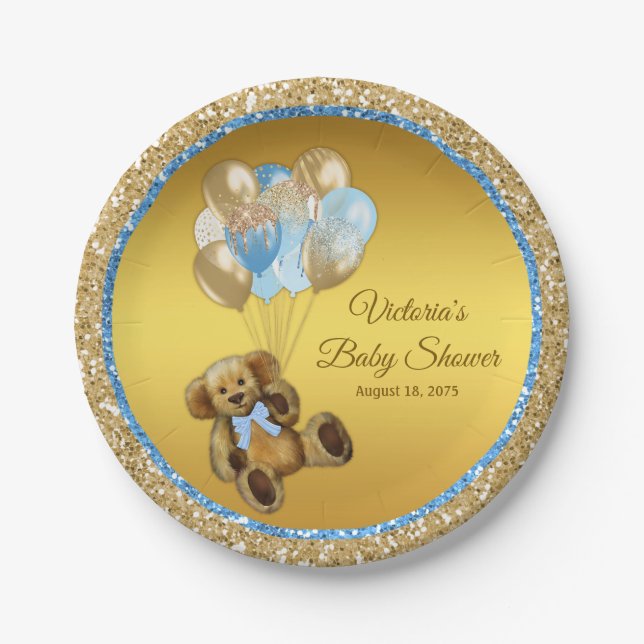 Pratos de papel Boy Teddy Bear Balloon Baby Shower (Frente)