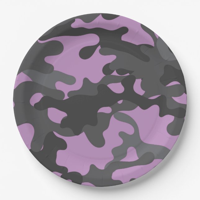Pratos de Papel Camuflagem Roxo e Cinza (Frente)