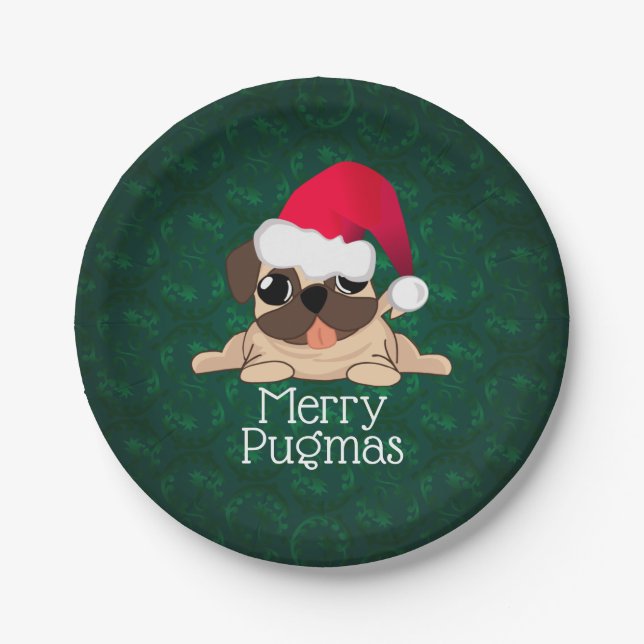 Pratos de Papel Cão Pug Natal 18 cm (Frente)
