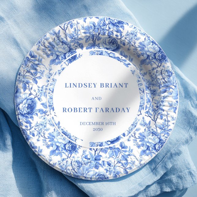 Pratos de Papel Casamento Chic Rosas Azul Royal (Royal Blue Roses Chic Wedding Paper Plates)