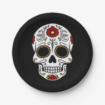 Pratos de Papel Caveira de Açúcar Preta Dia dos Mo