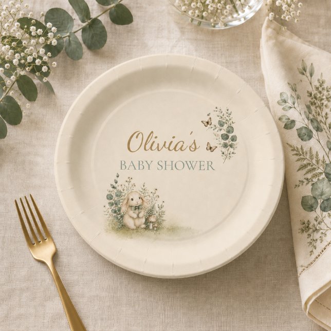 Pratos de Papel Chuveiro de Bebê Neutro Bunny Wood (Bunny Woodland Neutral Baby Shower Paper Plates)