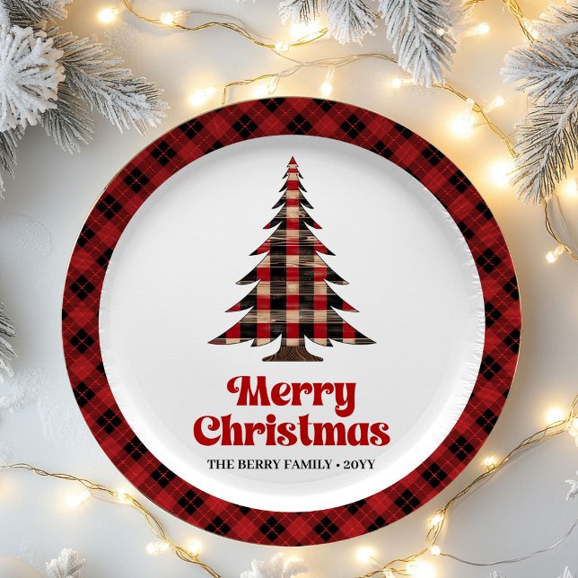 Pratos de Papel Clássicos de Natal com Xadrez de B (Classic Buffalo Plaid Tree Holiday Paper Plates)
