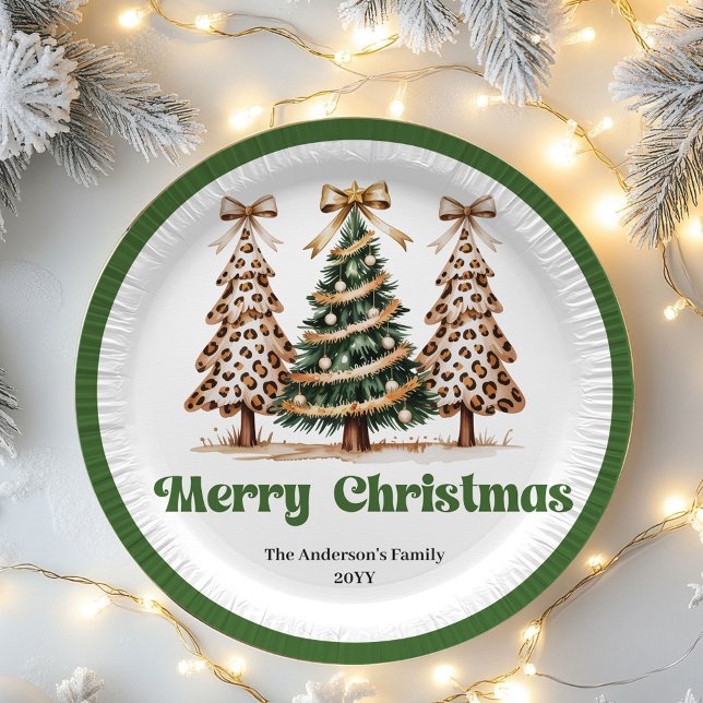 Pratos de papel com árvore de Natal de leopardo fo (Cute Leopard Christmas Tree Editable Paper Plates)