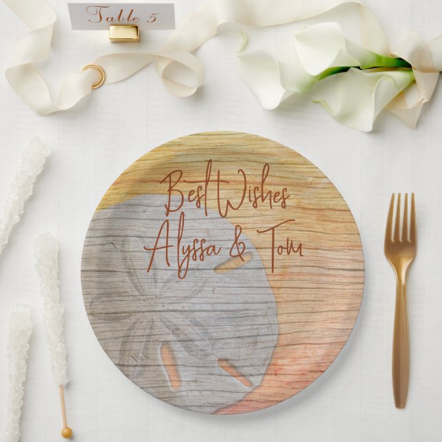 Pratos de papel com desenho de dólar de areia e ap (Casamento)