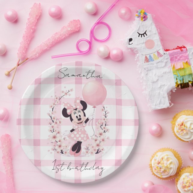 Pratos de papel com nome editável da Minnie Mouse (Festa)