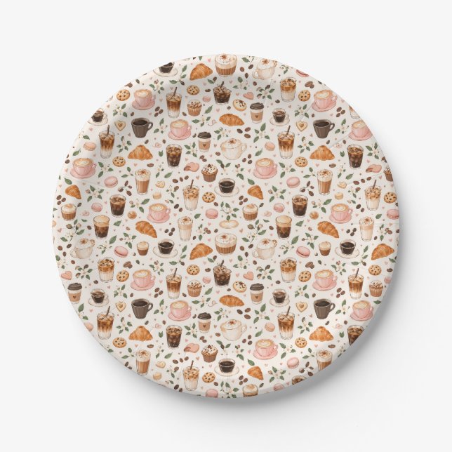 Pratos de papel com padrão de café e doces  (Frente)