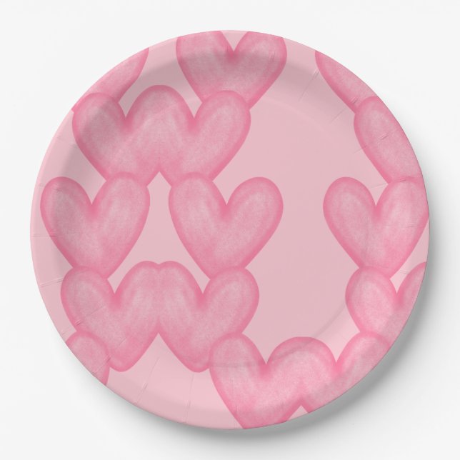Pratos de Papel com Padrão de Coração Rosa (Frente)
