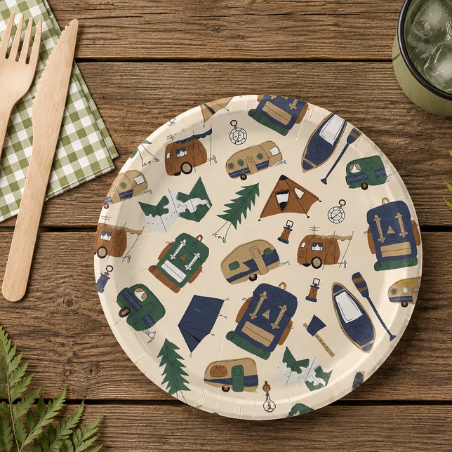 Pratos de papel com padrão de desenho de aventura  (Camping Themed Paper Plates)
